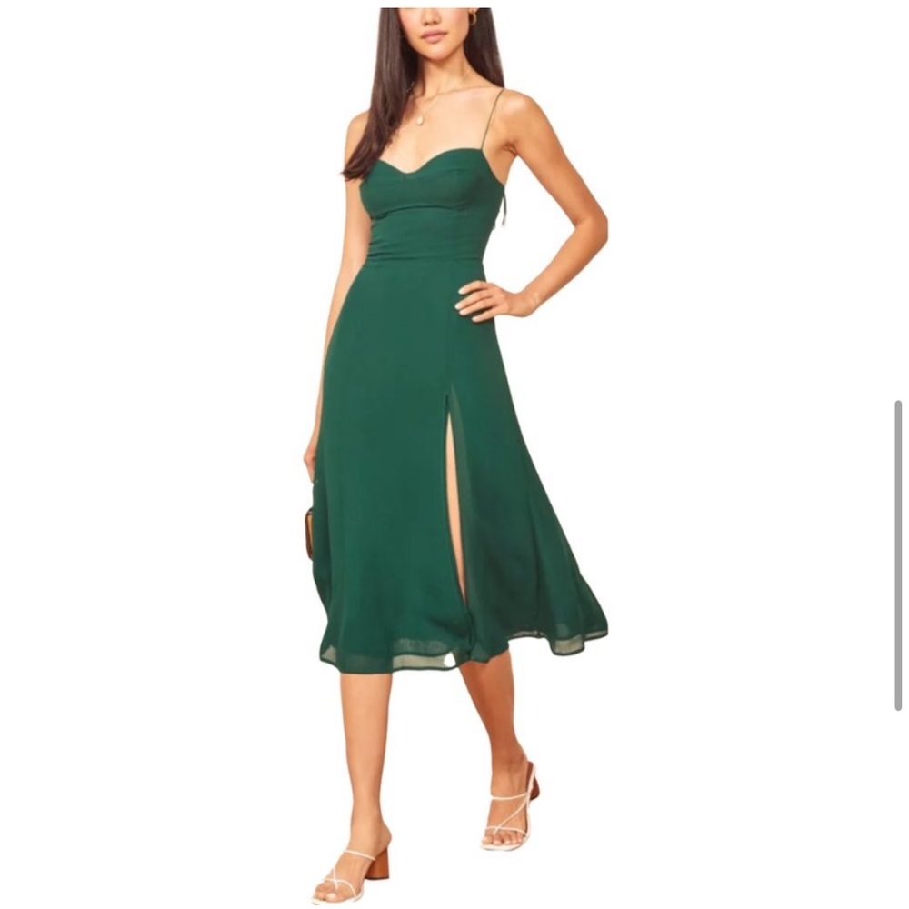 Reformation Green Sleeveless Sweetheart Midi Dress with Slit